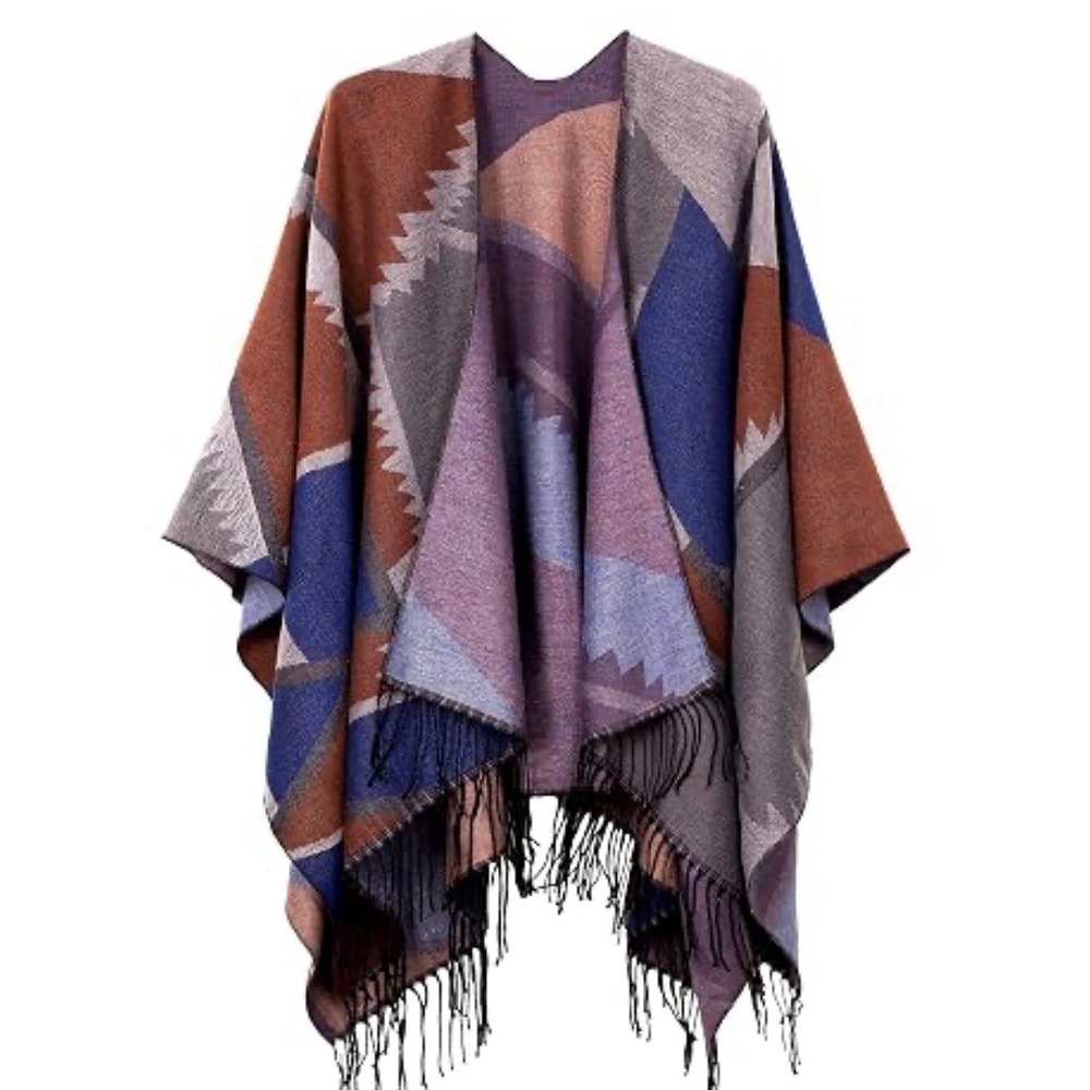 Urban Coco Women's Hooded Poncho Shawl Wrap One Size Geometric Fringe Boho